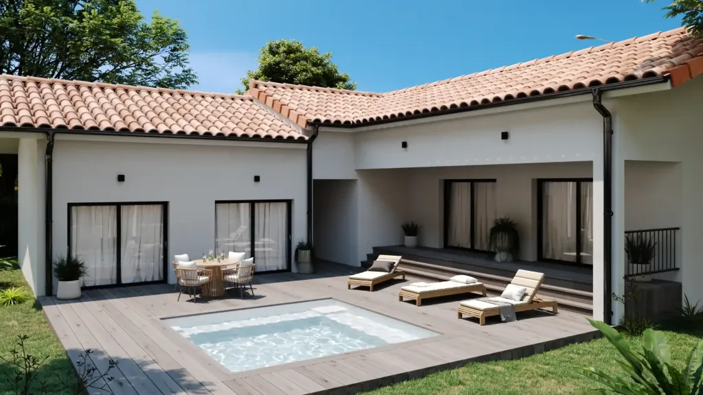 Maison moderne à toiture en tuiles terracotta avec terrasse en bois, petite piscine rectangulaire, salon de jardin et deux transats sous un ciel bleu ensoleillé